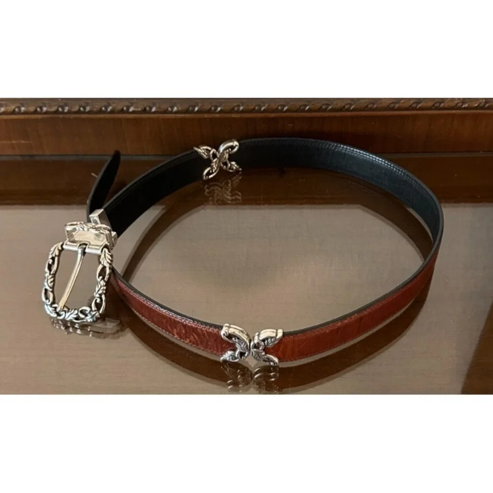 Vintage Women's Black Brown Twist Reversible‎ Belt Silver Buckle C4100 M Size 30